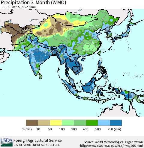 Asia Precipitation 3-Month (WMO) Thematic Map For 7/6/2022 - 10/5/2022