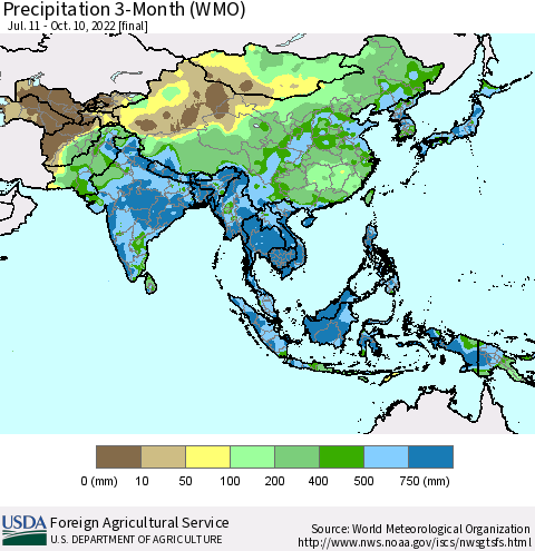 Asia Precipitation 3-Month (WMO) Thematic Map For 7/11/2022 - 10/10/2022