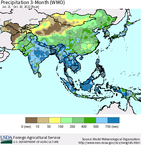 Asia Precipitation 3-Month (WMO) Thematic Map For 7/21/2022 - 10/20/2022