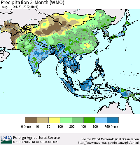 Asia Precipitation 3-Month (WMO) Thematic Map For 8/1/2022 - 10/31/2022