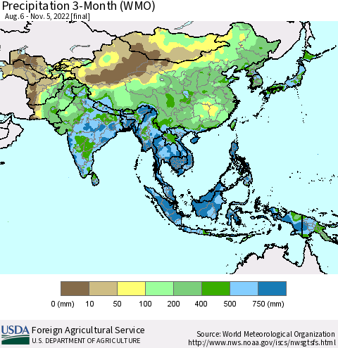 Asia Precipitation 3-Month (WMO) Thematic Map For 8/6/2022 - 11/5/2022