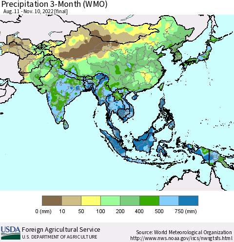 Asia Precipitation 3-Month (WMO) Thematic Map For 8/11/2022 - 11/10/2022