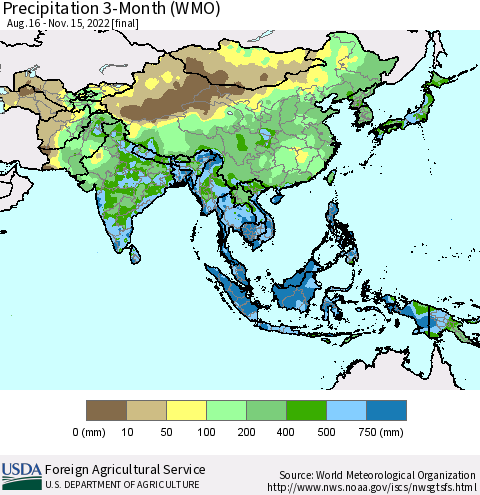 Asia Precipitation 3-Month (WMO) Thematic Map For 8/16/2022 - 11/15/2022