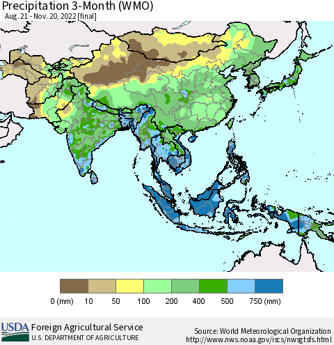 Asia Precipitation 3-Month (WMO) Thematic Map For 8/21/2022 - 11/20/2022