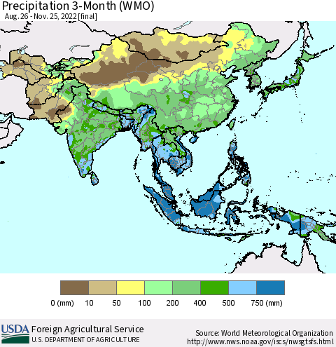 Asia Precipitation 3-Month (WMO) Thematic Map For 8/26/2022 - 11/25/2022