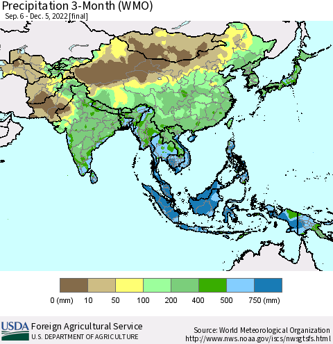 Asia Precipitation 3-Month (WMO) Thematic Map For 9/6/2022 - 12/5/2022