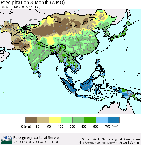 Asia Precipitation 3-Month (WMO) Thematic Map For 9/11/2022 - 12/10/2022
