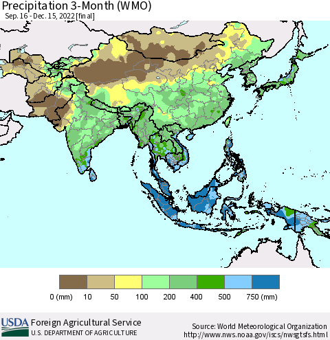 Asia Precipitation 3-Month (WMO) Thematic Map For 9/16/2022 - 12/15/2022