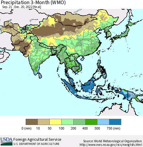 Asia Precipitation 3-Month (WMO) Thematic Map For 9/21/2022 - 12/20/2022
