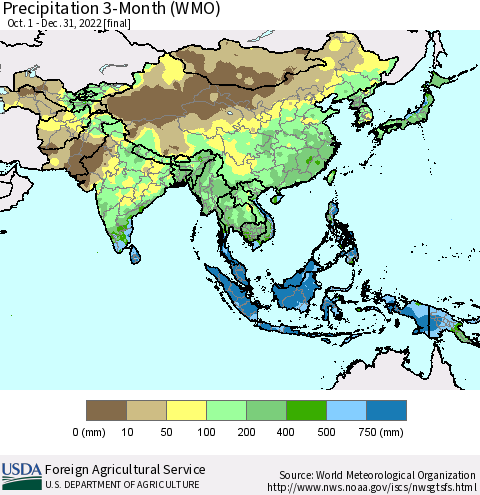 Asia Precipitation 3-Month (WMO) Thematic Map For 10/1/2022 - 12/31/2022