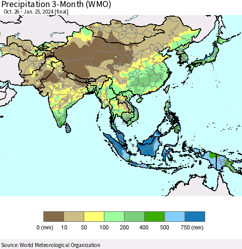 Asia Precipitation 3-Month (WMO) Thematic Map For 10/26/2023 - 1/25/2024