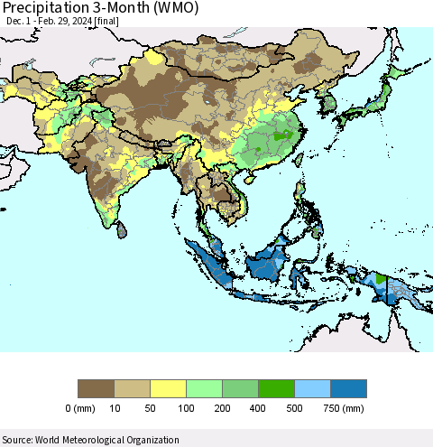 Asia Precipitation 3-Month (WMO) Thematic Map For 12/1/2023 - 2/29/2024
