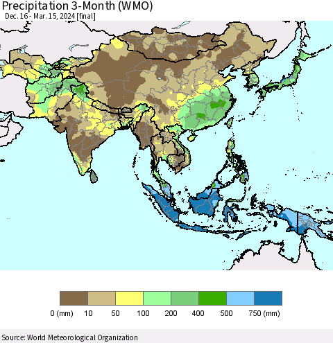 Asia Precipitation 3-Month (WMO) Thematic Map For 12/16/2023 - 3/15/2024