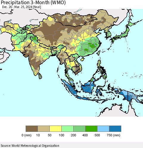 Asia Precipitation 3-Month (WMO) Thematic Map For 12/26/2023 - 3/25/2024