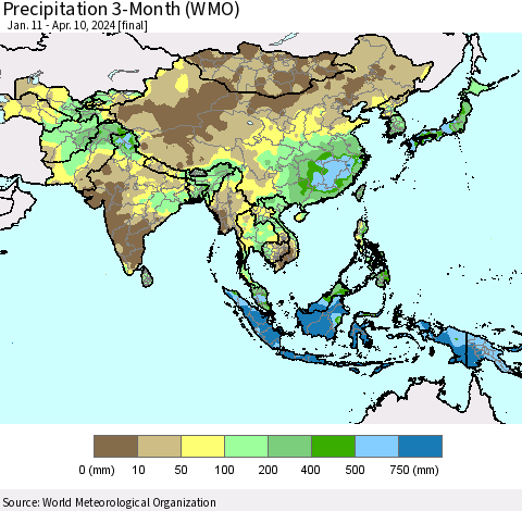 Asia Precipitation 3-Month (WMO) Thematic Map For 1/11/2024 - 4/10/2024