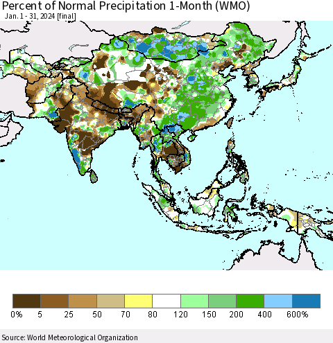 Asia Percent of Normal Precipitation 1-Month (WMO) Thematic Map For 1/1/2024 - 1/31/2024