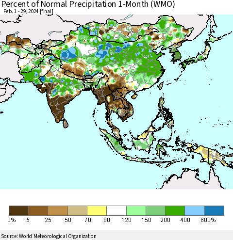 Asia Percent of Normal Precipitation 1-Month (WMO) Thematic Map For 2/1/2024 - 2/29/2024