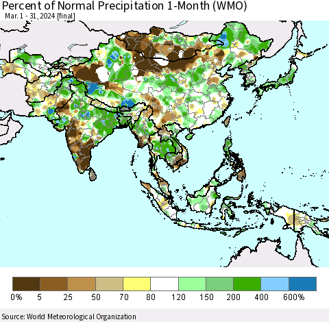 Asia Percent of Normal Precipitation 1-Month (WMO) Thematic Map For 3/1/2024 - 3/31/2024