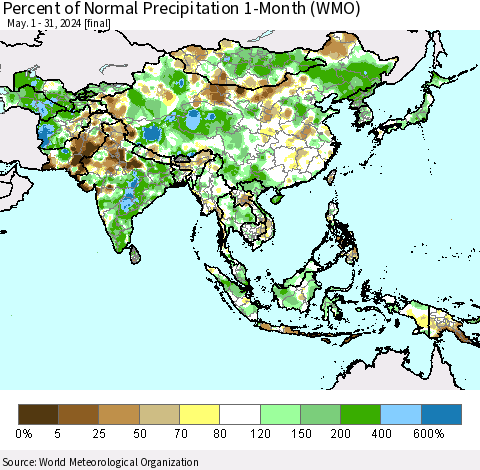 Asia Percent of Normal Precipitation 1-Month (WMO) Thematic Map For 5/1/2024 - 5/31/2024