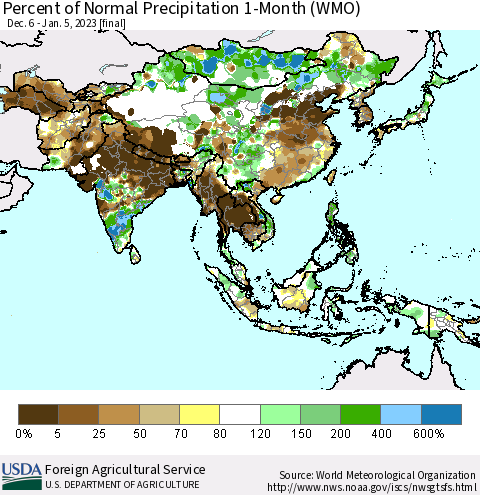 Asia Percent of Normal Precipitation 1-Month (WMO) Thematic Map For 12/6/2022 - 1/5/2023
