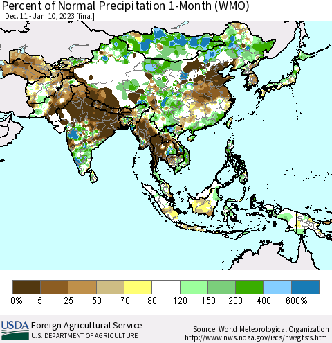 Asia Percent of Normal Precipitation 1-Month (WMO) Thematic Map For 12/11/2022 - 1/10/2023