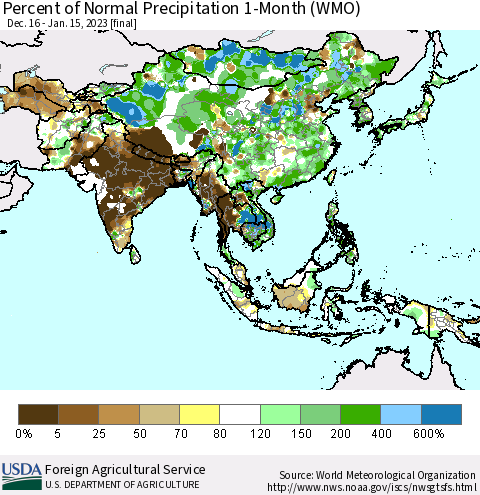 Asia Percent of Normal Precipitation 1-Month (WMO) Thematic Map For 12/16/2022 - 1/15/2023