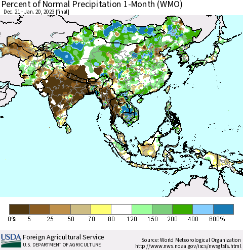 Asia Percent of Normal Precipitation 1-Month (WMO) Thematic Map For 12/21/2022 - 1/20/2023