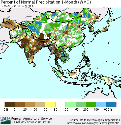 Asia Percent of Normal Precipitation 1-Month (WMO) Thematic Map For 12/26/2022 - 1/25/2023