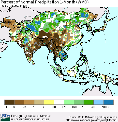 Asia Percent of Normal Precipitation 1-Month (WMO) Thematic Map For 1/1/2023 - 1/31/2023