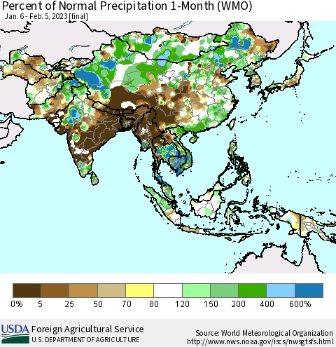 Asia Percent of Normal Precipitation 1-Month (WMO) Thematic Map For 1/6/2023 - 2/5/2023