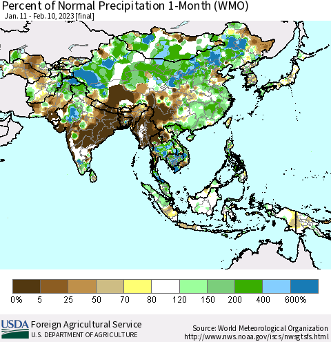 Asia Percent of Normal Precipitation 1-Month (WMO) Thematic Map For 1/11/2023 - 2/10/2023