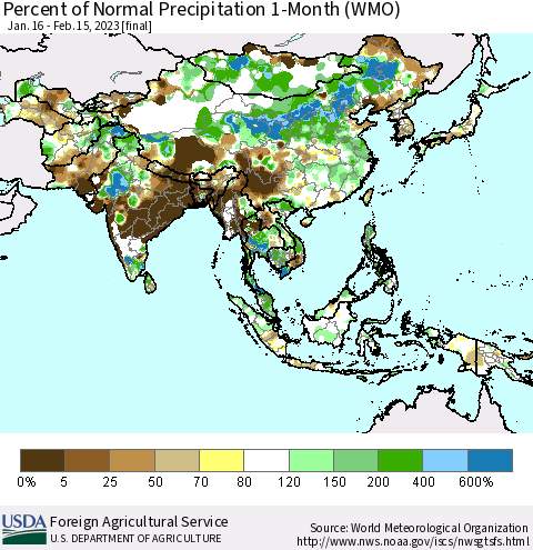 Asia Percent of Normal Precipitation 1-Month (WMO) Thematic Map For 1/16/2023 - 2/15/2023