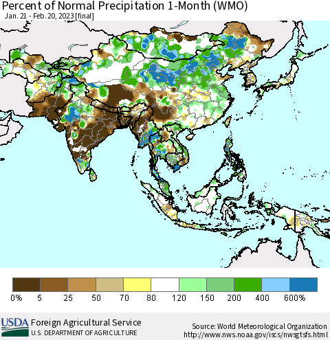 Asia Percent of Normal Precipitation 1-Month (WMO) Thematic Map For 1/21/2023 - 2/20/2023