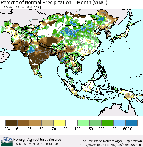 Asia Percent of Normal Precipitation 1-Month (WMO) Thematic Map For 1/26/2023 - 2/25/2023