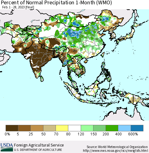 Asia Percent of Normal Precipitation 1-Month (WMO) Thematic Map For 2/1/2023 - 2/28/2023