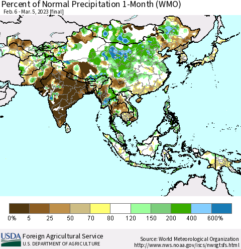 Asia Percent of Normal Precipitation 1-Month (WMO) Thematic Map For 2/6/2023 - 3/5/2023