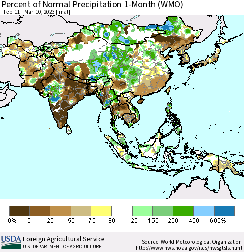 Asia Percent of Normal Precipitation 1-Month (WMO) Thematic Map For 2/11/2023 - 3/10/2023