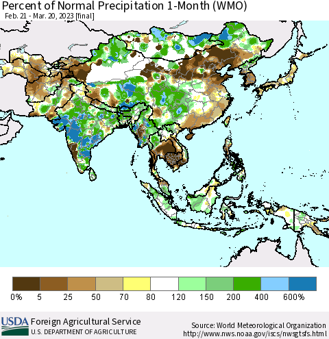 Asia Percent of Normal Precipitation 1-Month (WMO) Thematic Map For 2/21/2023 - 3/20/2023