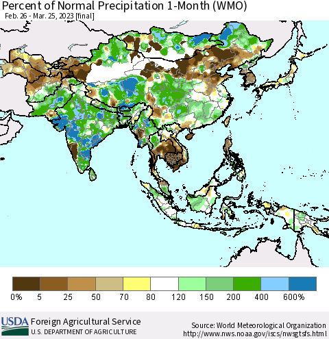 Asia Percent of Normal Precipitation 1-Month (WMO) Thematic Map For 2/26/2023 - 3/25/2023