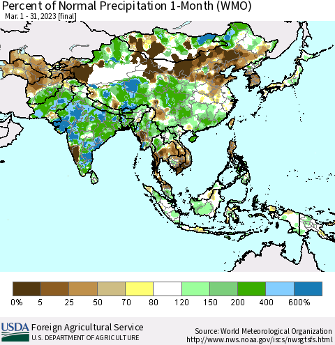 Asia Percent of Normal Precipitation 1-Month (WMO) Thematic Map For 3/1/2023 - 3/31/2023