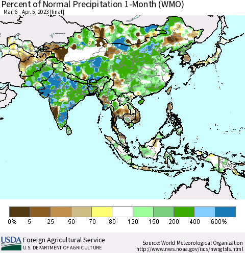 Asia Percent of Normal Precipitation 1-Month (WMO) Thematic Map For 3/6/2023 - 4/5/2023
