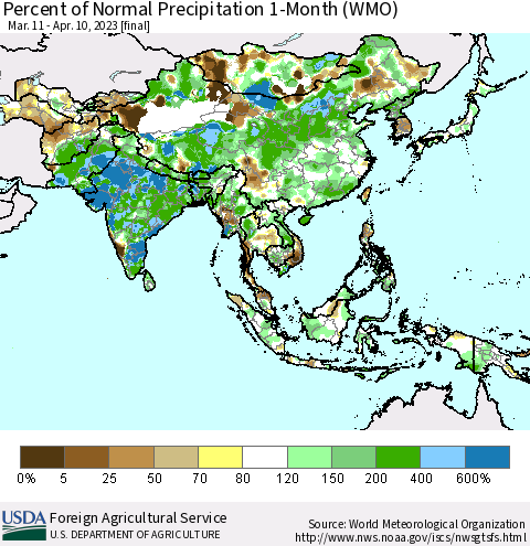 Asia Percent of Normal Precipitation 1-Month (WMO) Thematic Map For 3/11/2023 - 4/10/2023