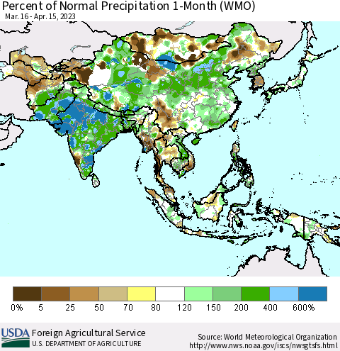 Asia Percent of Normal Precipitation 1-Month (WMO) Thematic Map For 3/16/2023 - 4/15/2023