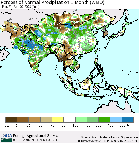 Asia Percent of Normal Precipitation 1-Month (WMO) Thematic Map For 3/21/2023 - 4/20/2023