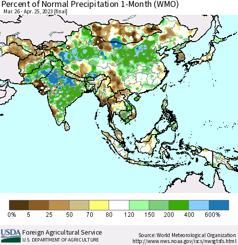 Asia Percent of Normal Precipitation 1-Month (WMO) Thematic Map For 3/26/2023 - 4/25/2023