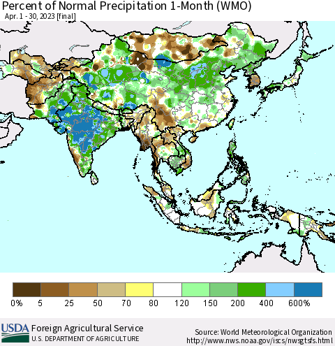Asia Percent of Normal Precipitation 1-Month (WMO) Thematic Map For 4/1/2023 - 4/30/2023