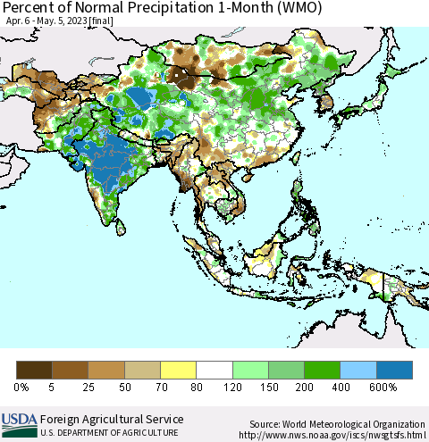 Asia Percent of Normal Precipitation 1-Month (WMO) Thematic Map For 4/6/2023 - 5/5/2023