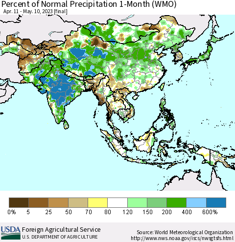 Asia Percent of Normal Precipitation 1-Month (WMO) Thematic Map For 4/11/2023 - 5/10/2023