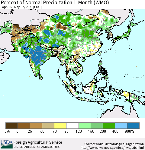 Asia Percent of Normal Precipitation 1-Month (WMO) Thematic Map For 4/16/2023 - 5/15/2023