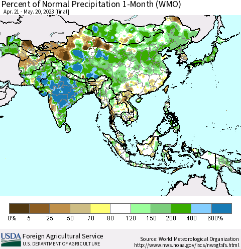 Asia Percent of Normal Precipitation 1-Month (WMO) Thematic Map For 4/21/2023 - 5/20/2023